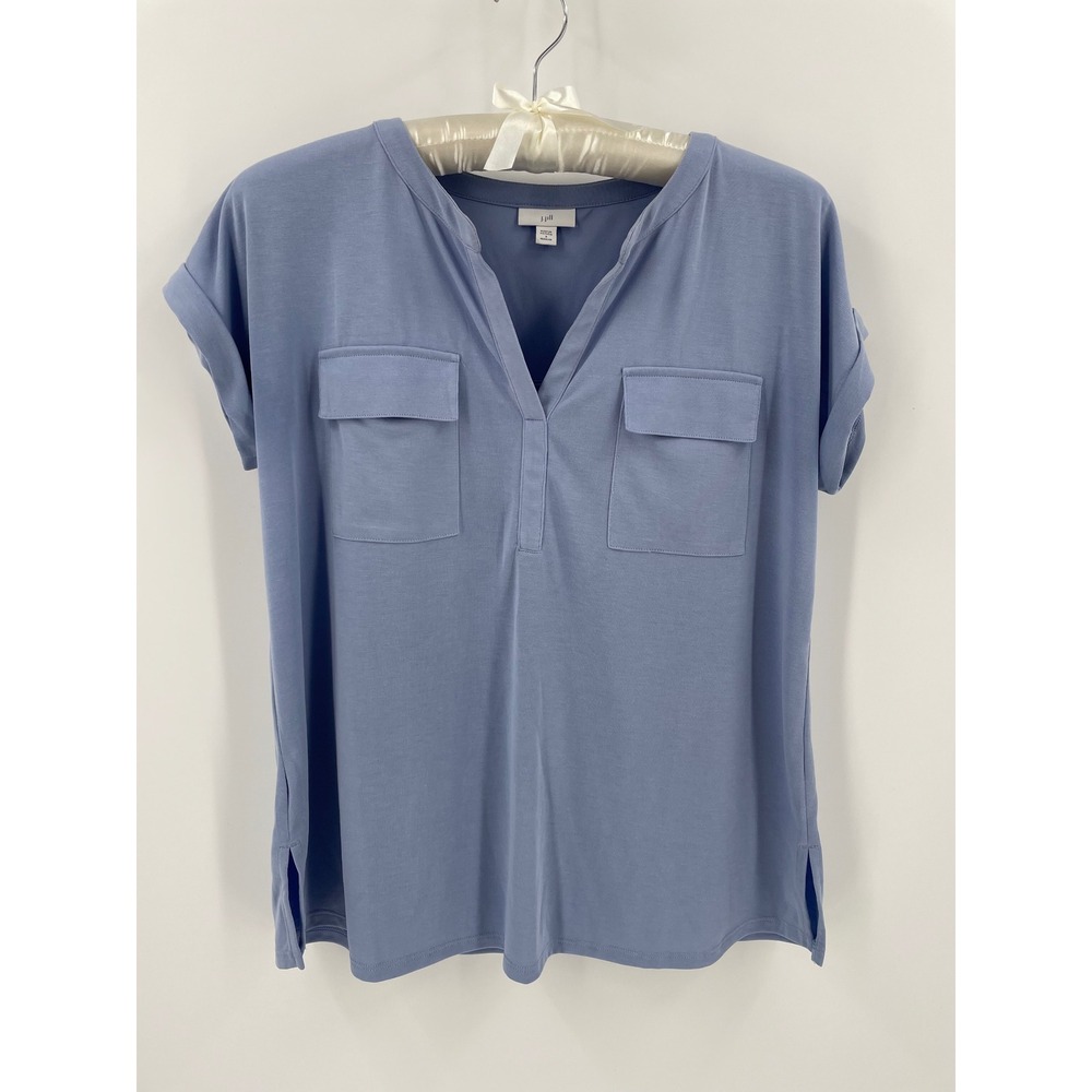 J Jill Periwinkle Blue Modal Blend Split Neck Utility Pocket Short Sleeve Top S